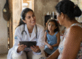 Médica atendendo com IA em comunidade Brasileira