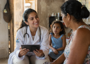 Médica atendendo com IA em comunidade Brasileira