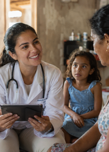 Médica atendendo com IA em comunidade Brasileira
